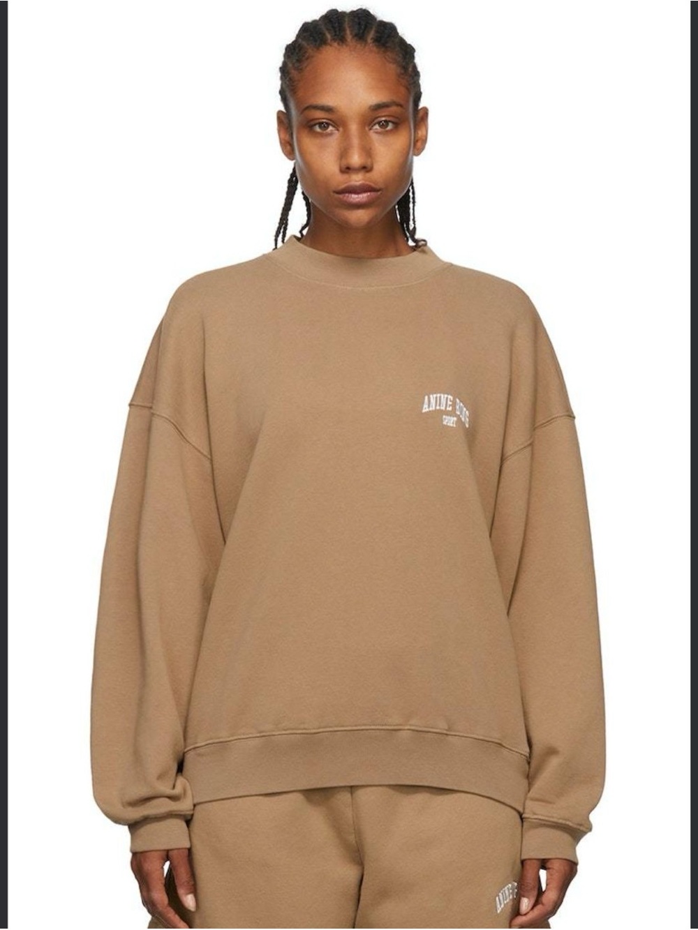 Anine Bing Oversized Crewneck Sweatshirt in Tan with White Logo-excellent cond